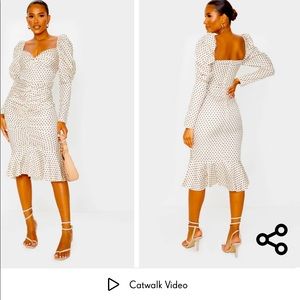 Nude Polka Dot Puff Sleeve Ruched Detail Frill Hem Midi Dress